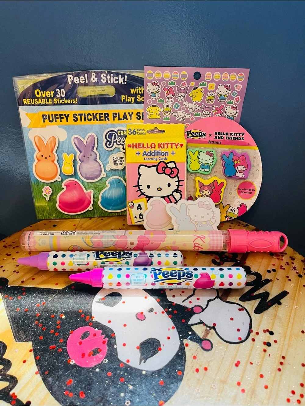 NWT Hello Kitty & Peeps Bundle Stickers Activity, Math Cards Bubbles Body Wash